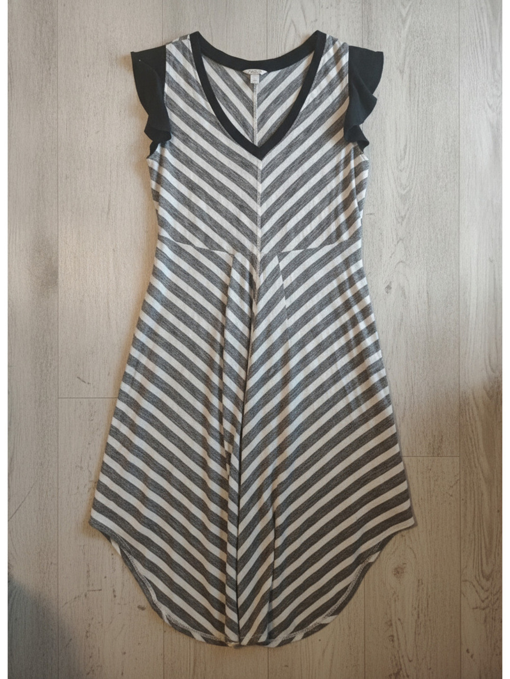 Cato Women's Gray and Black Striped V-Neck Dress with Flutter Sleeves and Asympt